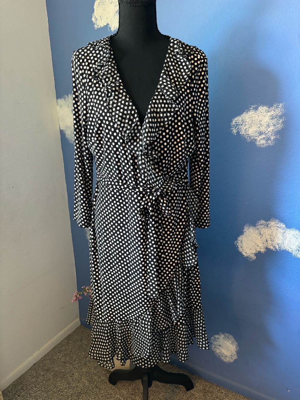 TOMMY HILFIGER Black & White Poka Dot Ruffle Faux Wrap Dress, Size 12, NWT